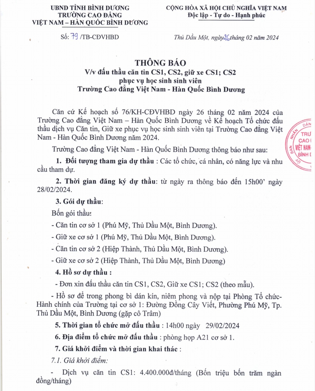Thông báo đấu thầu căn tin, giữ xe phục vụ HSSV
