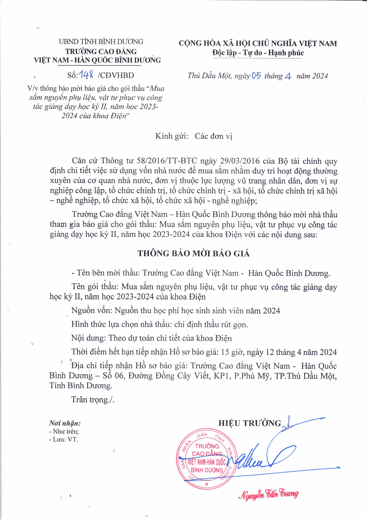 Thông báo mời báo giá
