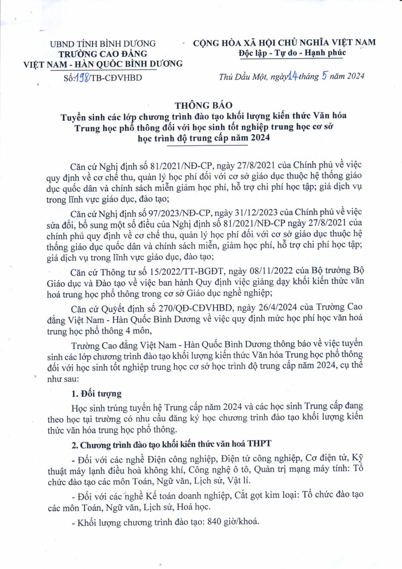 Thông báo tuyển sinh các lớp Văn hóa Trung học phổ thông dành cho học sinh tốt nghiệp trung học cơ sở học trình độ trung cấp năm 2024
