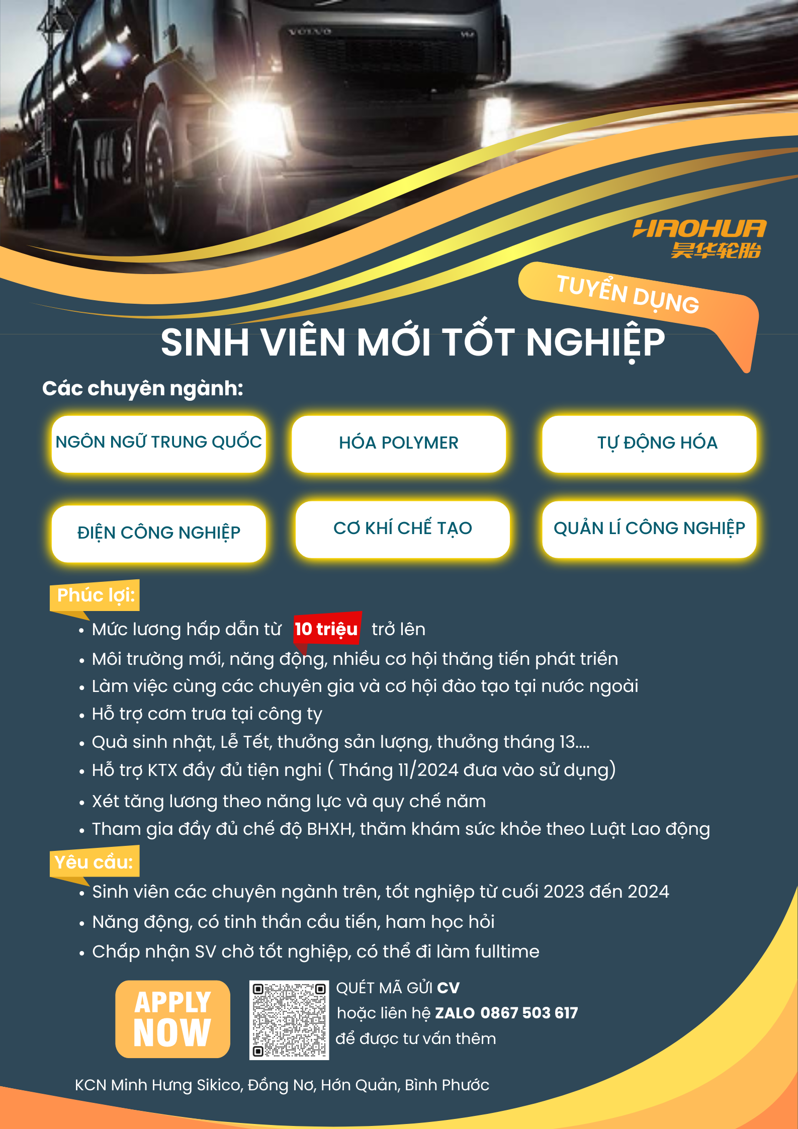 Nhà máy Lốp xe Haohua tại KCN Minh Hưng Sikico, Bình Phước tuyển dụng nhiều vị trí