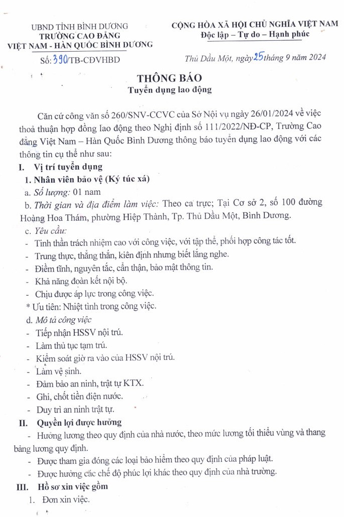 Thông báo tuyển dụng nhân viên bảo vệ ký túc xá Thông báo tuyển dụng nhân viên bảo vệ ký túc xá