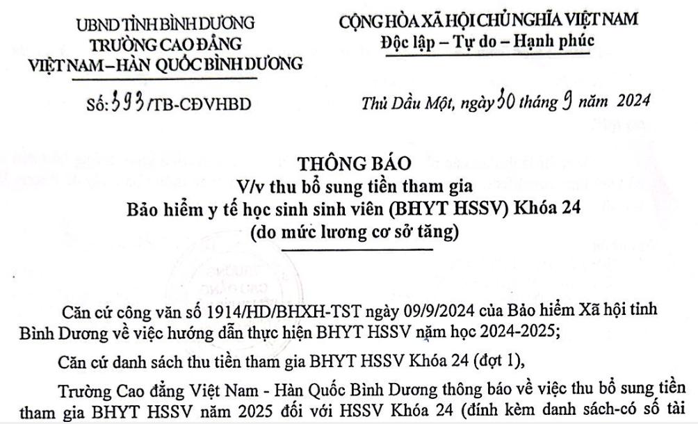 Thông báo thu bổ sung tiền tham gia Bảo hiểm y tế HSSV khóa 2024 (do mức lương cơ sở tăng) Thông báo thu bổ sung tiền tham gia Bảo hiểm y tế HSSV khóa 2024 (do mức lương cơ sở tăng)